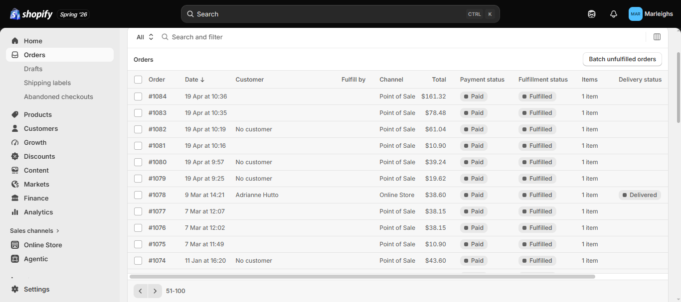 Live Shopify store order dashboard