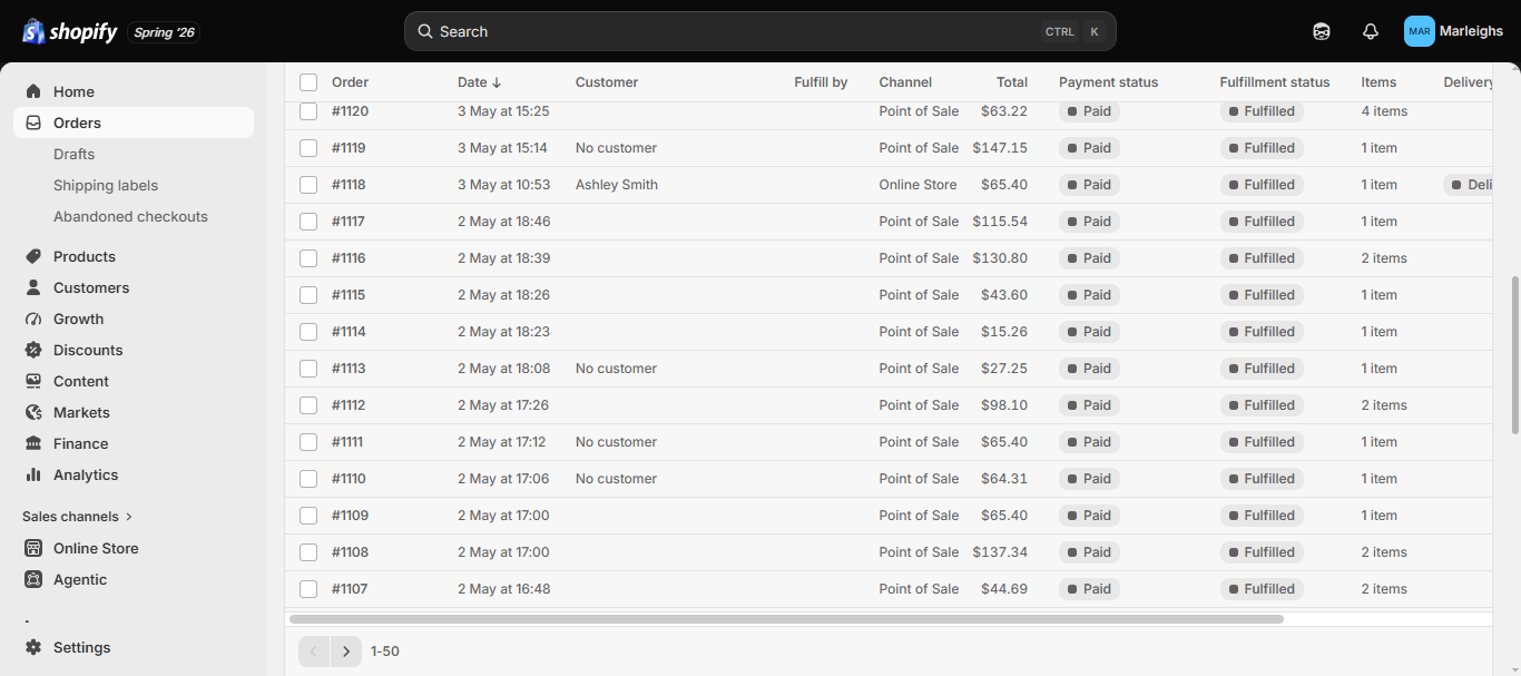 Live Shopify store order dashboard