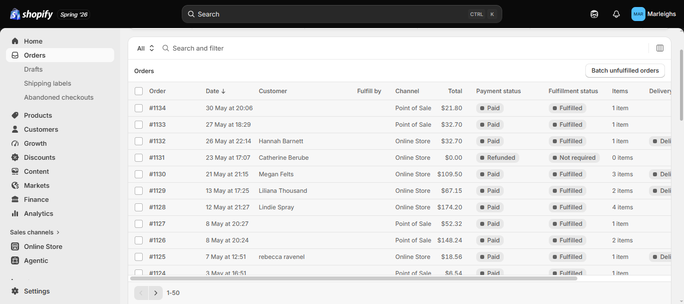Live Shopify store order dashboard