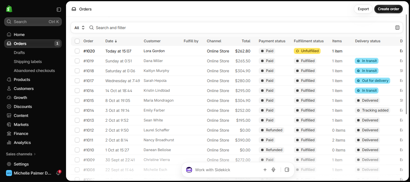 Live Shopify store order dashboard
