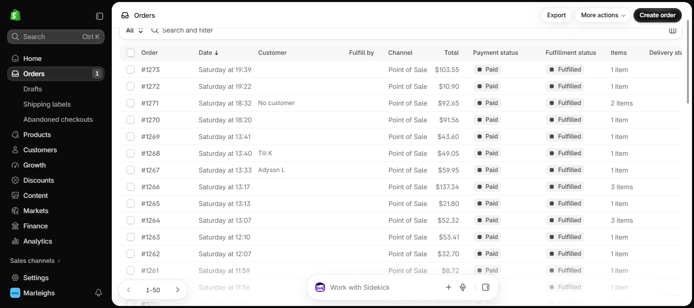 Live Shopify store order dashboard